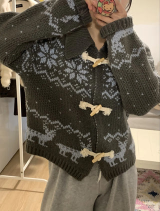 Fair Isle Toggle Shawl Collar Fleece Cardigan