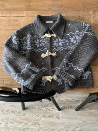 Fair Isle Toggle Shawl Collar Fleece Cardigan