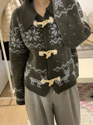 Fair Isle Toggle Shawl Collar Fleece Cardigan