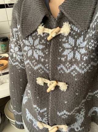 Fair Isle Toggle Shawl Collar Fleece Cardigan