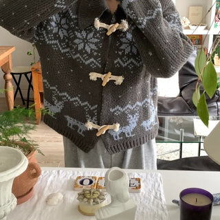 Fair Isle Toggle Shawl Collar Fleece Cardigan