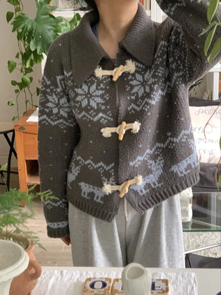 Fair Isle Toggle Shawl Collar Fleece Cardigan