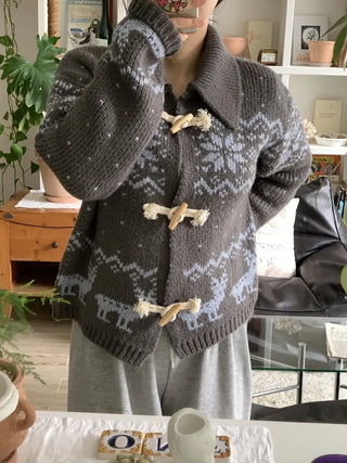 Fair Isle Toggle Shawl Collar Fleece Cardigan