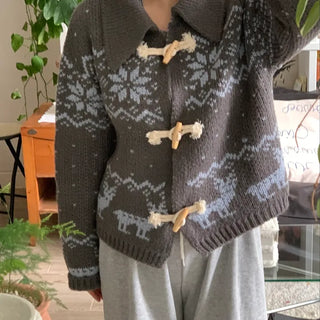 Fair Isle Toggle Shawl Collar Fleece Cardigan