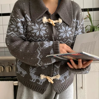 Fair Isle Toggle Shawl Collar Fleece Cardigan
