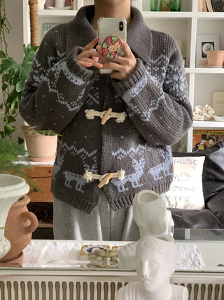 Fair Isle Toggle Shawl Collar Fleece Cardigan