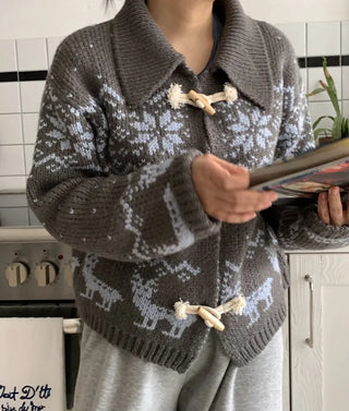 Fair Isle Toggle Shawl Collar Fleece Cardigan
