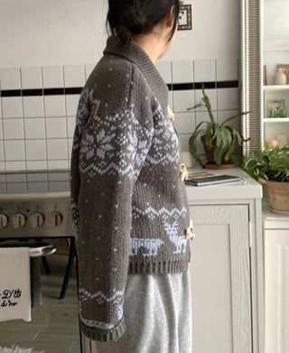 Fair Isle Toggle Shawl Collar Fleece Cardigan