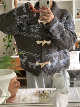Fair Isle Toggle Shawl Collar Fleece Cardigan