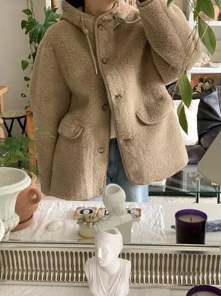 Cozy Hooded Fleece Double Button Short Coat