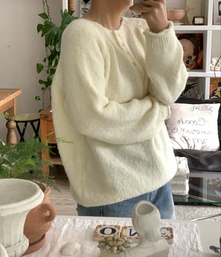 Airy Soft Henley Neck Button Loose Knit