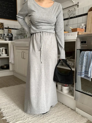 Soft Suede Elastic A-Line Long Skirt