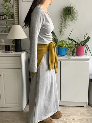 Soft Suede Elastic A-Line Long Skirt