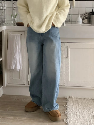 Vintage Washed Loose Fit Wide Denim Pants