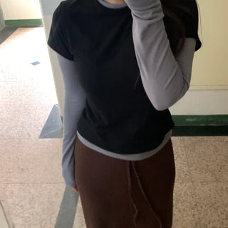 Color Block Layered Half-Neck Long-Sleeve T-Shirt