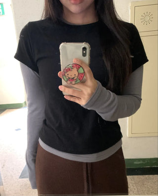 Color Block Layered Half-Neck Long-Sleeve T-Shirt