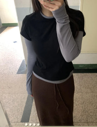 Color Block Layered Half-Neck Long-Sleeve T-Shirt