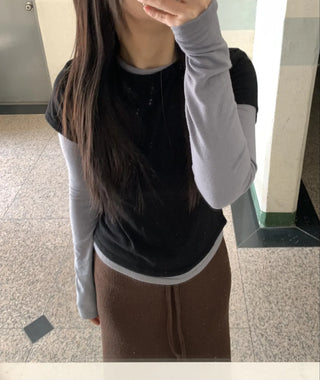 Color Block Layered Half-Neck Long-Sleeve T-Shirt
