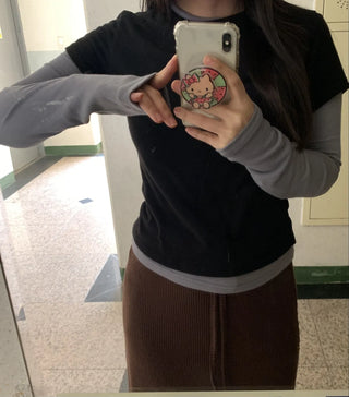 Color Block Layered Half-Neck Long-Sleeve T-Shirt