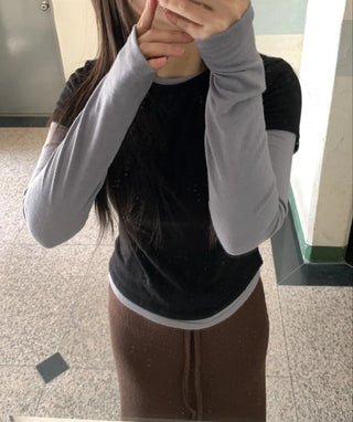 Color Block Layered Half-Neck Long-Sleeve T-Shirt