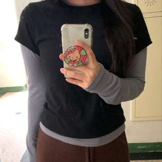 Color Block Layered Half-Neck Long-Sleeve T-Shirt
