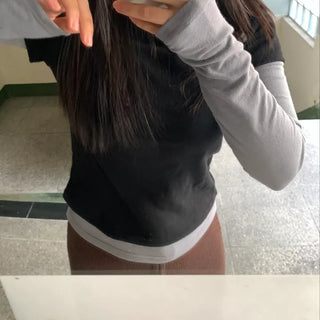 Color Block Layered Half-Neck Long-Sleeve T-Shirt
