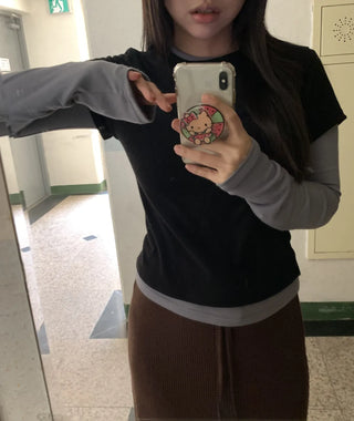 Color Block Layered Half-Neck Long-Sleeve T-Shirt