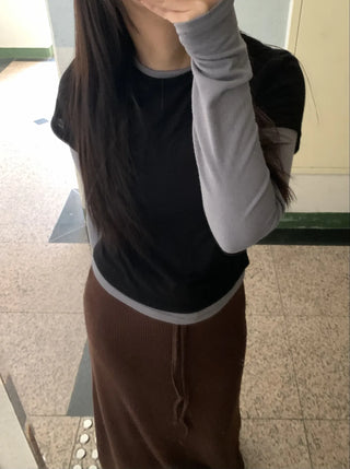 Color Block Layered Half-Neck Long-Sleeve T-Shirt