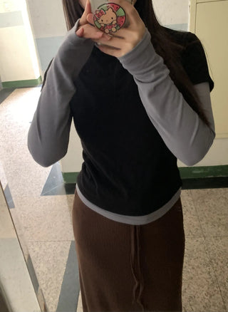Color Block Layered Half-Neck Long-Sleeve T-Shirt