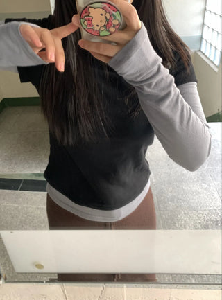 Color Block Layered Half-Neck Long-Sleeve T-Shirt