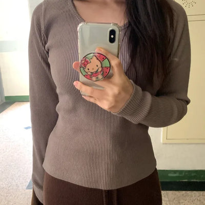 Slim Fit Square Neck Ribbed Long Sleeve T-shirt