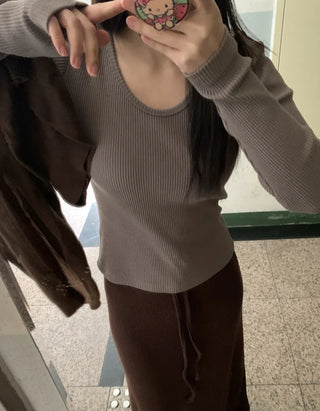 Slim Fit Square Neck Ribbed Long Sleeve T-shirt