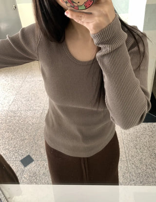 Slim Fit Square Neck Ribbed Long Sleeve T-shirt
