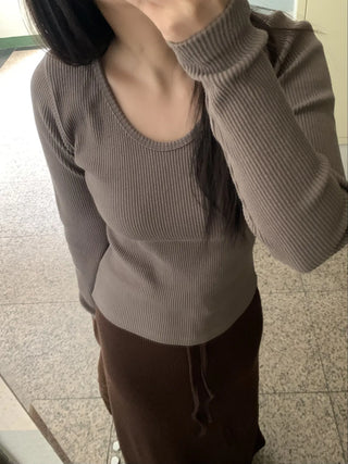 Slim Fit Square Neck Ribbed Long Sleeve T-shirt