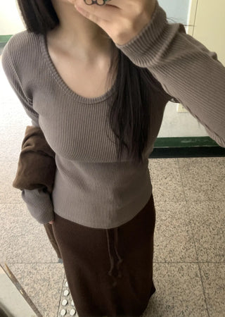 Slim Fit Square Neck Ribbed Long Sleeve T-shirt