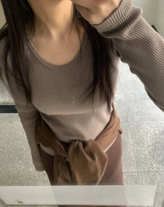 Slim Fit Square Neck Ribbed Long Sleeve T-shirt