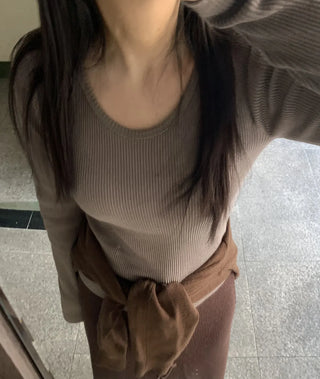 Slim Fit Square Neck Ribbed Long Sleeve T-shirt