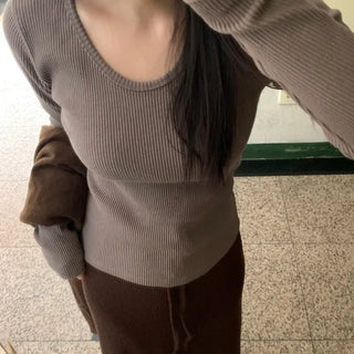 Slim Fit Square Neck Ribbed Long Sleeve T-shirt