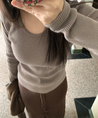 Slim Fit Square Neck Ribbed Long Sleeve T-shirt