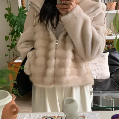Soft Fur Oversized Hooded Zip-Up Jacket