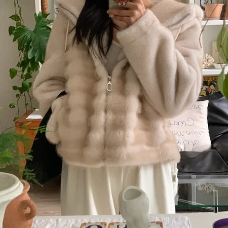 Soft Fur Oversized Hooded Zip-Up Jacket