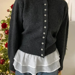 Pleated Shirt Layered Crew Neck Knit Cardigan