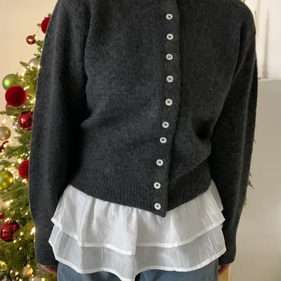 Pleated Shirt Layered Crew Neck Knit Cardigan