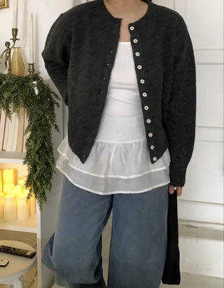 Pleated Shirt Layered Crew Neck Knit Cardigan