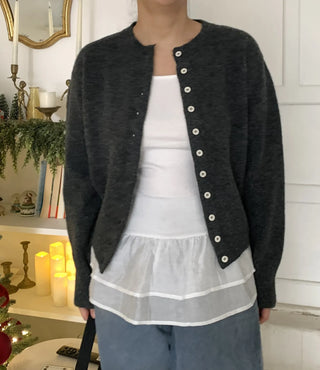 Pleated Shirt Layered Crew Neck Knit Cardigan