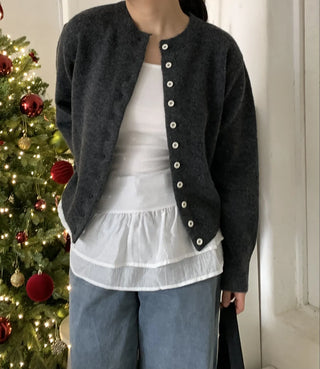 Pleated Shirt Layered Crew Neck Knit Cardigan