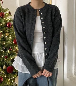 Pleated Shirt Layered Crew Neck Knit Cardigan