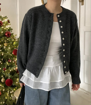 Pleated Shirt Layered Crew Neck Knit Cardigan