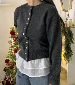 Pleated Shirt Layered Crew Neck Knit Cardigan