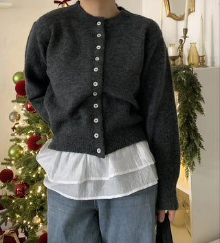 Pleated Shirt Layered Crew Neck Knit Cardigan